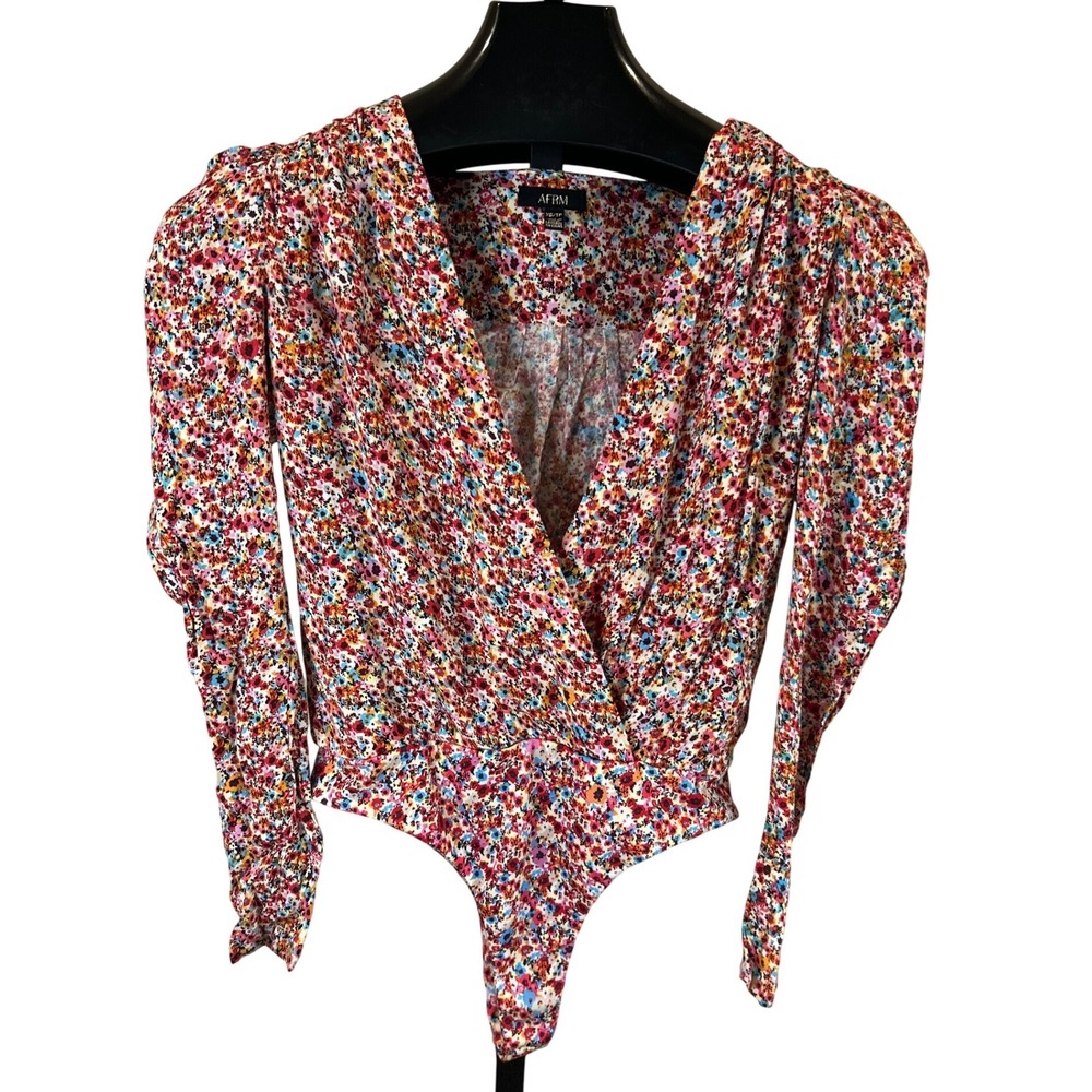 AFRM Women Multicolor Ditsy Floral Ruched Long‎ Sleeve Surplice Bodysuit XS